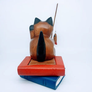 Vintage Gift Fishing Cat Hand Carved Wooden Statue Figurine Wood Home Decor New
