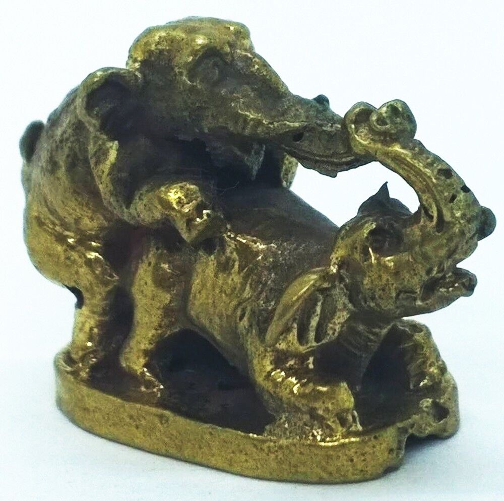 Elephant Couple Miniature Brass Amulet Talisman Love Charm Magic Thai Pendant