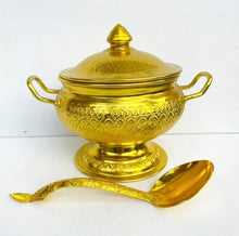 Load image into Gallery viewer, Vintage Collection Thai Serving Bowl Rice Soup Gold Aluminium &amp; Ladle 22 cm