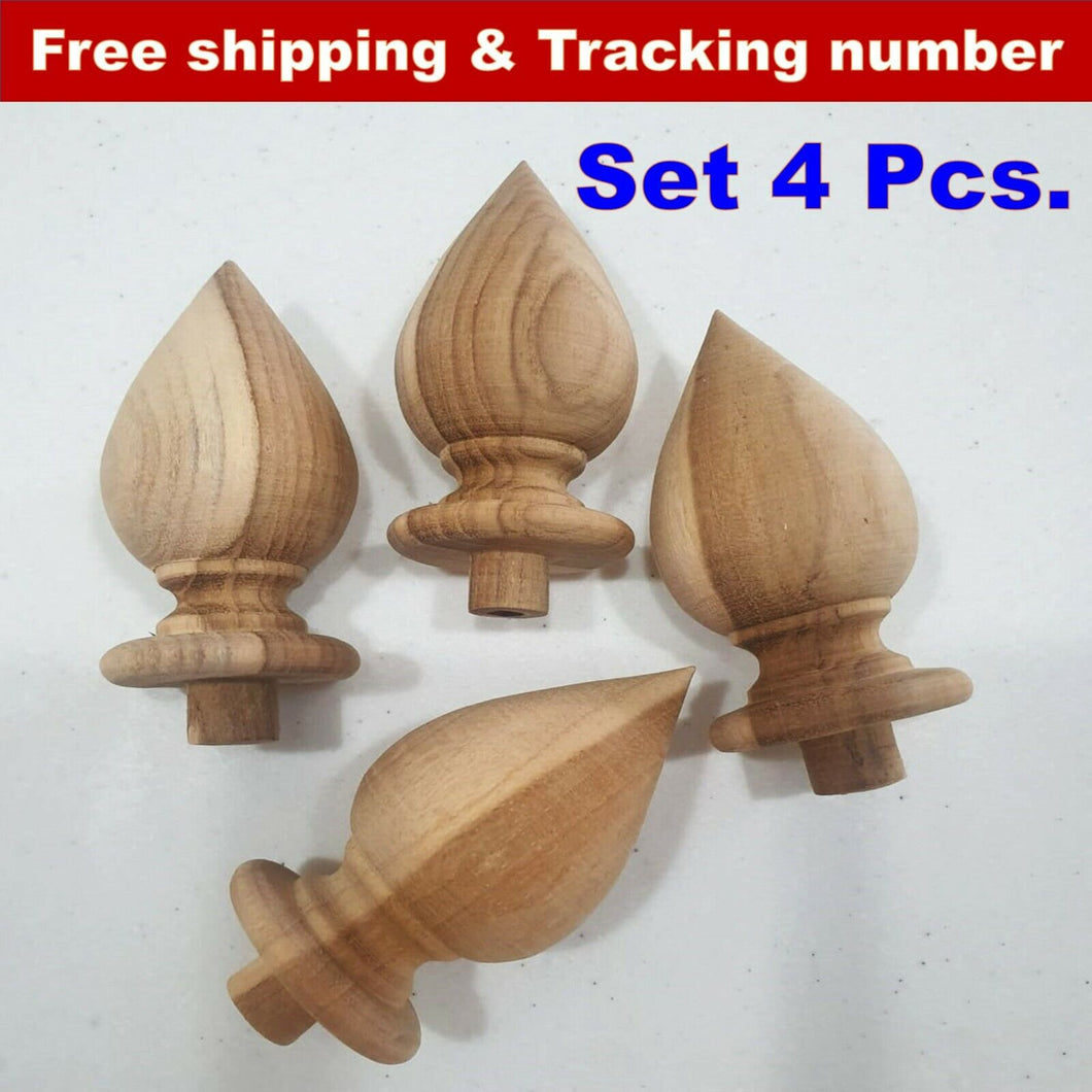 Teak Wood Lotus Shape Drapery Rod Finial Curtain Rail post Cap Furniture (Set 4)