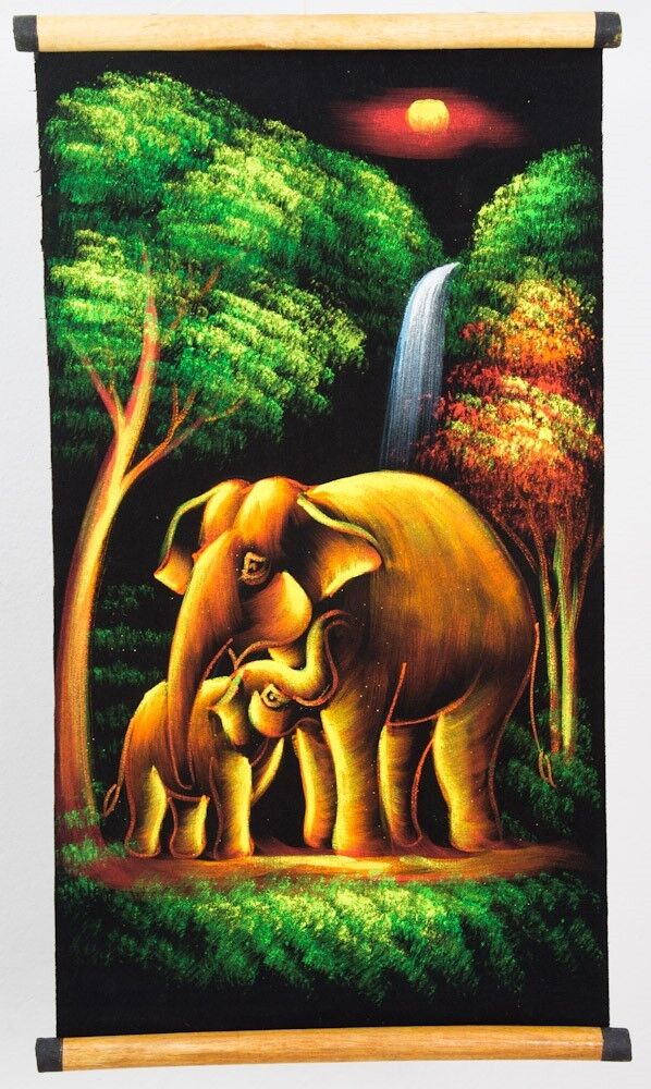 Hand Painted Elephant Velvet Picture Wall Hanging Decor Natural Wild Life Forest
