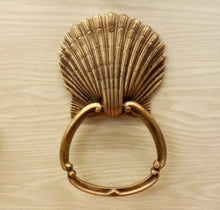 Load image into Gallery viewer, Brass Door Handle Knocker Ring Pull SEA SHELL Figurine Vintage Antique Door Hand