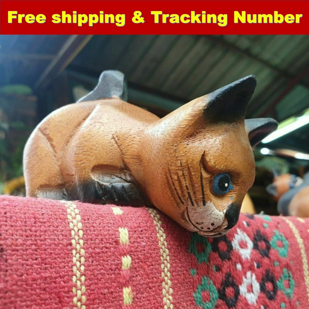 Wooden Cat Head Bend Hand Carved Rain Tree Wood Free ship