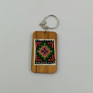 Embroidery Fabric on Wood Thai Style VER.1 Keyring charm cute keychain