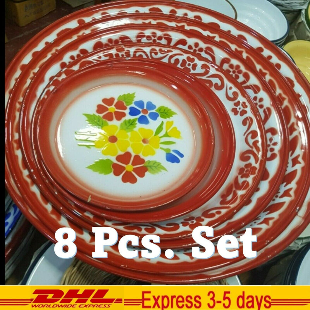 Set 8 Enamel Tray Thai Kitchenware Floral Pattern Vintage Art Decor Fruit Plate