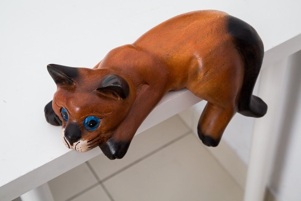 Blue Eye Cat Wood Carved Figurine Desk Table Decor Rest Posture Cute Collectible
