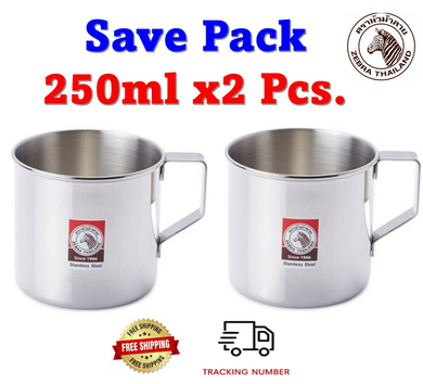 2x250ml Drinking Water Mug Thai Zebra Brand Kitchenware Silver Stainless Steel