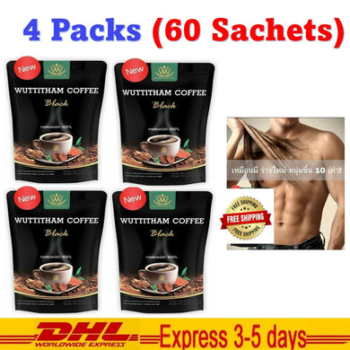 4x Wuttitham Instant Black Coffee 32In1 Young Man Unisex 0% Trans Fat Health