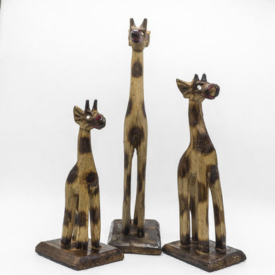 New! Set Giraffe Craved Gift Wood Hand Statue Figurine Wooden Paint Cute Painted