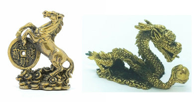 Amulet Dragon and Horse Brass Miniature Talisman Love Charm Magic Thai Pendant