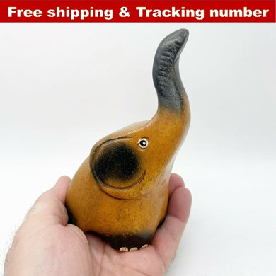 Thai Elephant Hand Carved Wooden Painted Trunk Up Figurine Handmade Black Brown