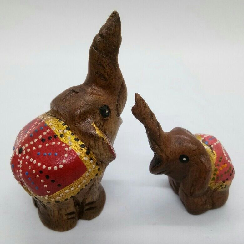 Elephant Mom & Baby Ver.1 Wood Carved Doll Figurine Animal Collectibles Decor