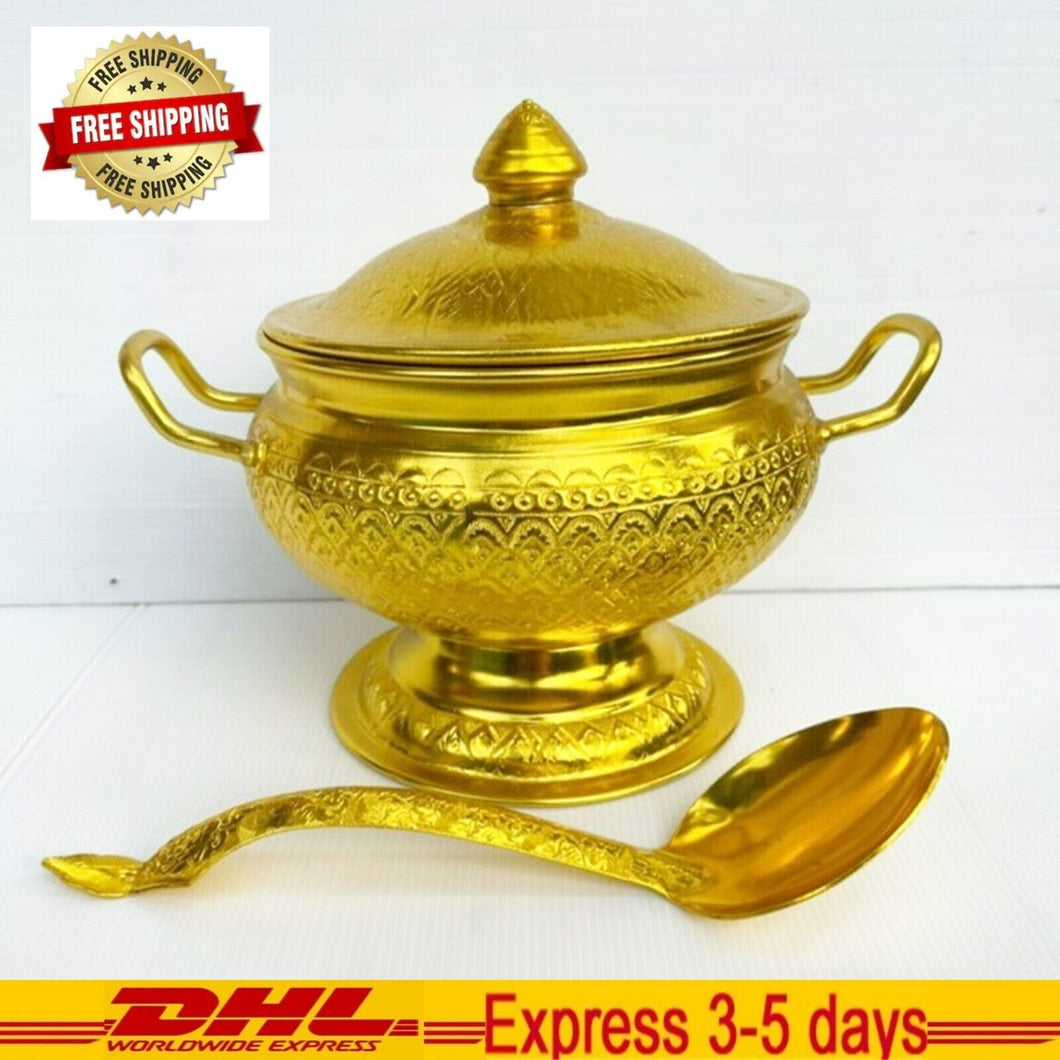 Vintage Collection Thai Serving Bowl Rice Soup Gold Aluminium & Ladle 22 cm
