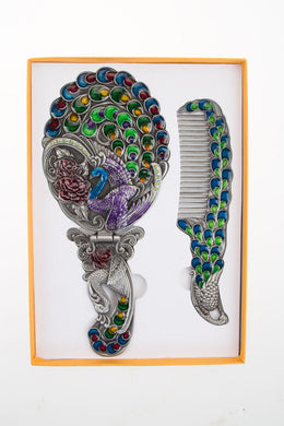 Antique Mirror Comb Hand Set Peacock Painted Sterling Metal Vintage Vanity Plat