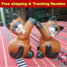 Load image into Gallery viewer, WOODEN PAIRS CAT Cheers Hand Carve Statue Figurine Crafted Home Decor So Cute