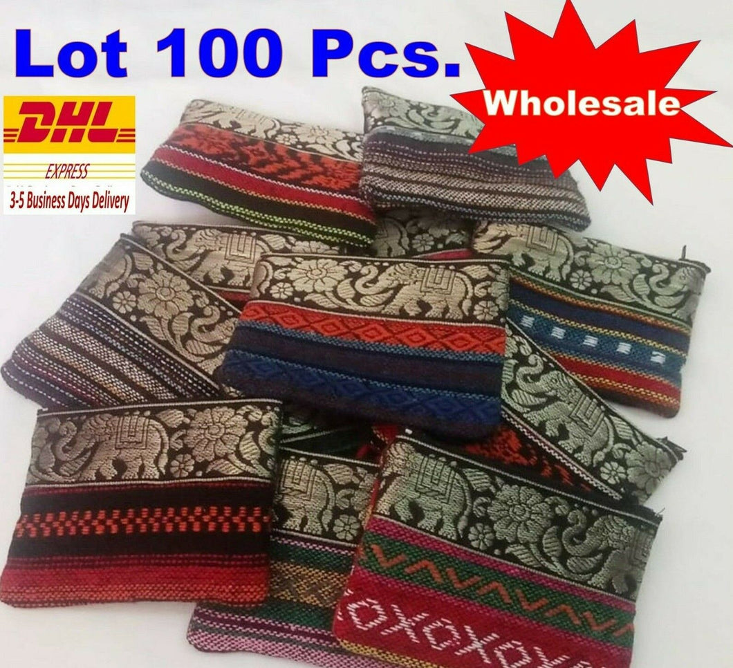 100x Thai Elephant Fabric Bag Zipper Women Lady Handmade Purse Coin Card Lot