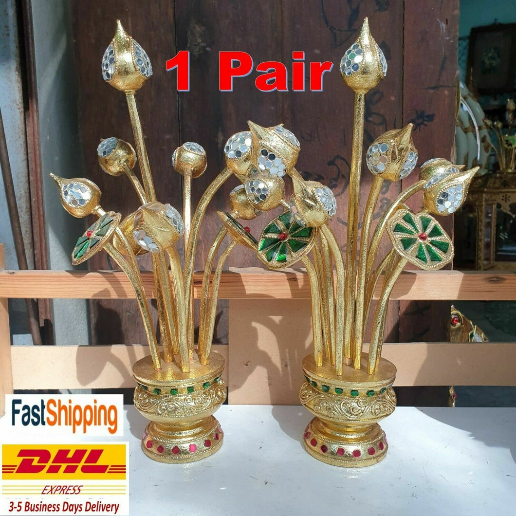 1 Pair Lotus Flower Gold Leaf Table Wood Decoration Display Buddha Good Luck