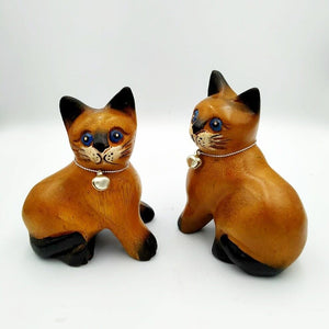 Pair Wooden Cats Hand Carved Statue Figurine Handmade Home Decor Gift So Cute