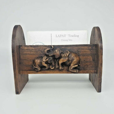 New VTH Teak Wood Thai Elephant Wooden Handmade Name Card Holder Stand Handcraft