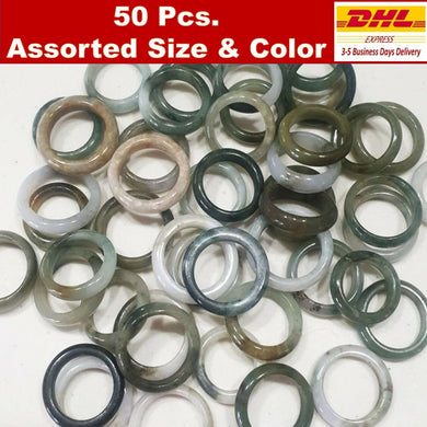 50 Pcs Burmese Jadeite Ring Bulk Lot Untreated Assorted Size Color Natural Jade