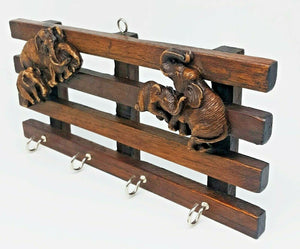 Key Hanger Wall key Teak Wooden elephant Brown Organizer Storage 4 Hooks