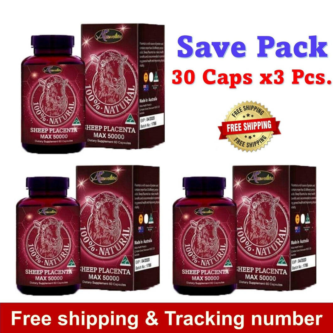 3 x Auswelllife Sheep Placenta Max 50,000 mg Anti Aging Supper Skin Supplement