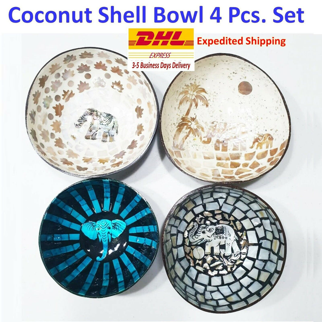 Coconut Shell Bowl Hand Painted Thai Elephant Handmade Lacquerware (4pcs)