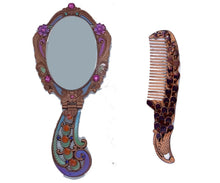 Load image into Gallery viewer, Vintage Vanity Set Peacock Flower Pattern Hand Painted Mirror Comb Brass Make up