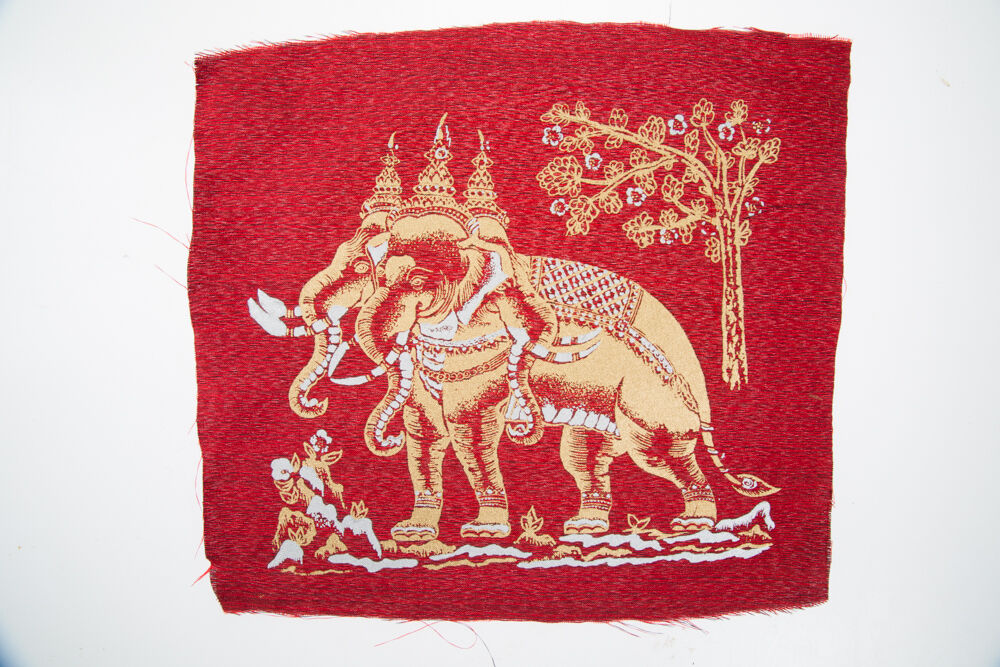 Fabric Red Sacred image Thai Painting Erawan Elephant Gold Picture Wall Art