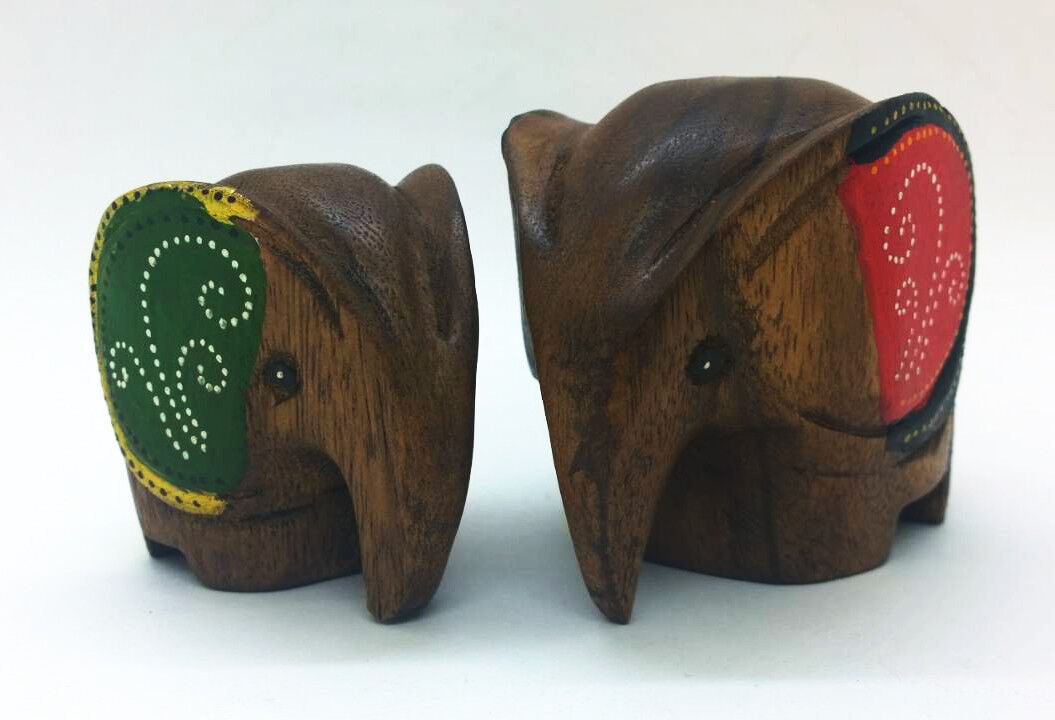 Elephant Mom & Baby Ver.2 Wood Carved Doll Figurine Animal Collectibles Decor