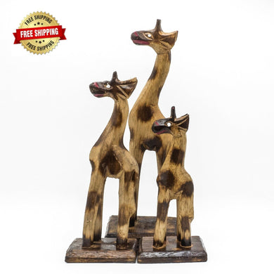 Carved Giraffes Set Wood Hand Crafted Statue Figurine Gift (Set of 3)