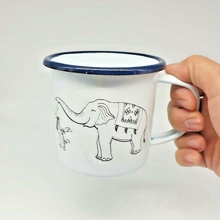 Thai Elephant Enamelware Cup Mug Vintage Coffee White Blue Thai Enamel Camping