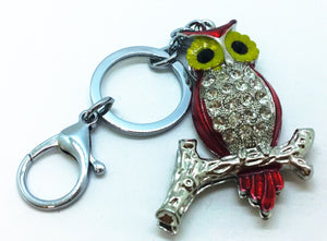 Diamond Owl Pendant Red Silver Keychain Backpack Accessory Animal Keyring Gift