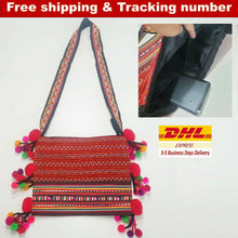 Load image into Gallery viewer, New! Crossbody Bag Purse Strap Shoulder Bag Hill Tribe Silver Bead Pom Pom Hmong