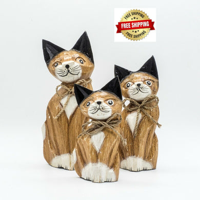 Cat Hand Carved Set of Three Wood Statue Figurine Sculpture Ornaments Wooden
