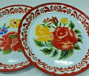 Set 8 Enamel Tray Thai Kitchenware Floral Pattern Vintage Art Decor Fruit Plate