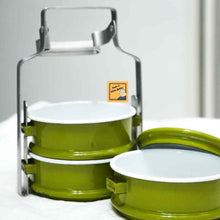 Load image into Gallery viewer, Vintage Lunch Box Bento Enamel Tiffin Food Carrier Color Container Pinto Green