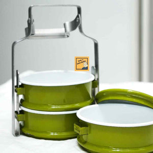 Vintage Lunch Box Bento Enamel Tiffin Food Carrier Color Container Pinto Green