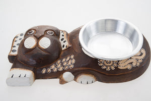 Dog Feeding Bowl Pet Wood Carved Base Aluminium Pretty Hand Craft Feed Accessory