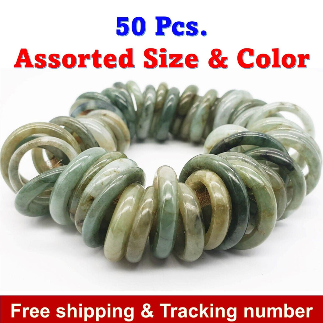 50x Burmese Jadeite Ring Assorted Size Color Untreated Green Shade Natural Jade