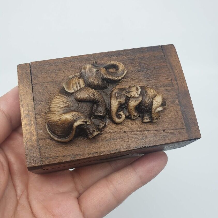 Box Teak Wood Toothpick Holder Handmade Vintage Style Elephants Coin Wooden