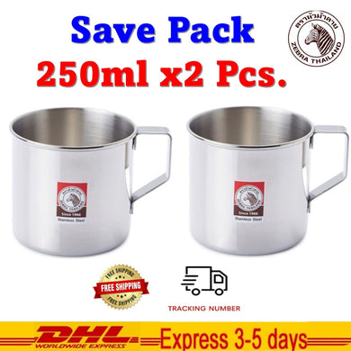 2x250ml Drinking Water Mug Thai Zebra Brand Kitchenware Silver Stainless Steel