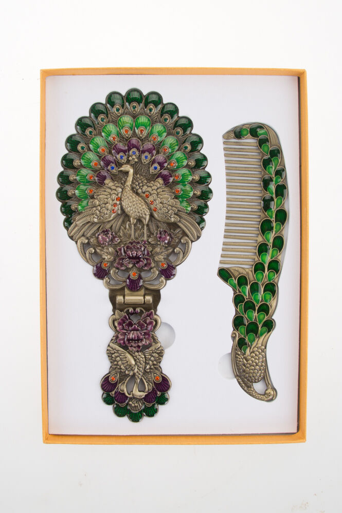 Mirror Comb Hand Antique Set Peacock Painted Sterling Metal Vintage Vanity Plat