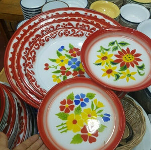 Set 8 Enamel Tray Thai Kitchenware Floral Pattern Vintage Art Decor Fruit Plate