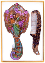 Load image into Gallery viewer, Vintage Vanity Set Peacock Flower Pattern Hand Painted Mirror Comb Brass Make up