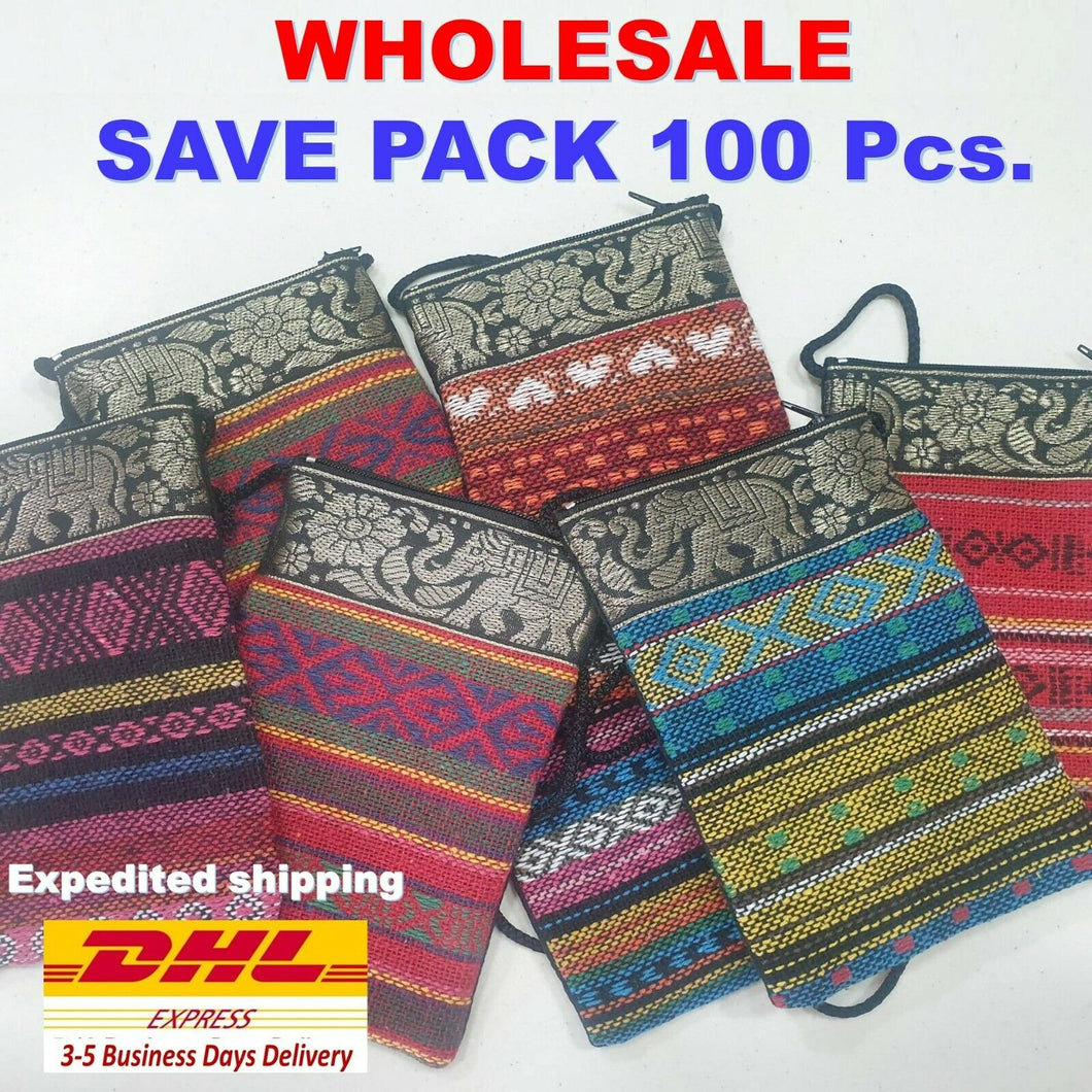 100Pcs Thai Elephant Fabric Bag Shoulder Cross body Wallet Purse Zip Wholesale