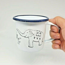 Load image into Gallery viewer, Thai Elephant Enamelware Cup Mug Vintage Coffee White Blue Thai Enamel Camping