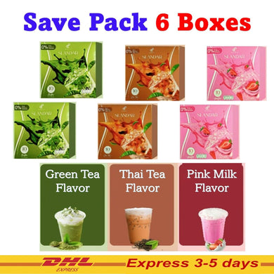 6x Slandar Thai Tea, Pink Milk, Green Tea Instant Drink Control Hunger 0% Sugar