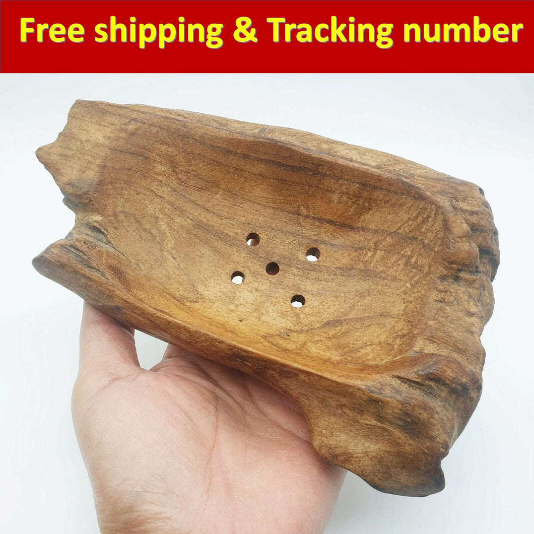 Hand Carved Wood Teak Wooden Bowl Box Natural Fruit Soap Dish Vintage