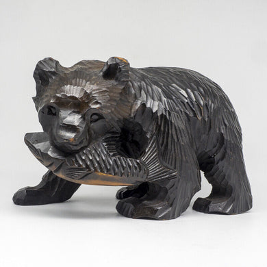 Japanese Hand Carved Wood Bear Clenching Salmon Ainu Japan Vintage VTG
